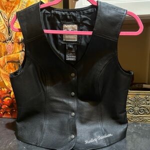 Harley Davidson Women's Embroidered Black Pigskin Leather Biker Vest Size Large